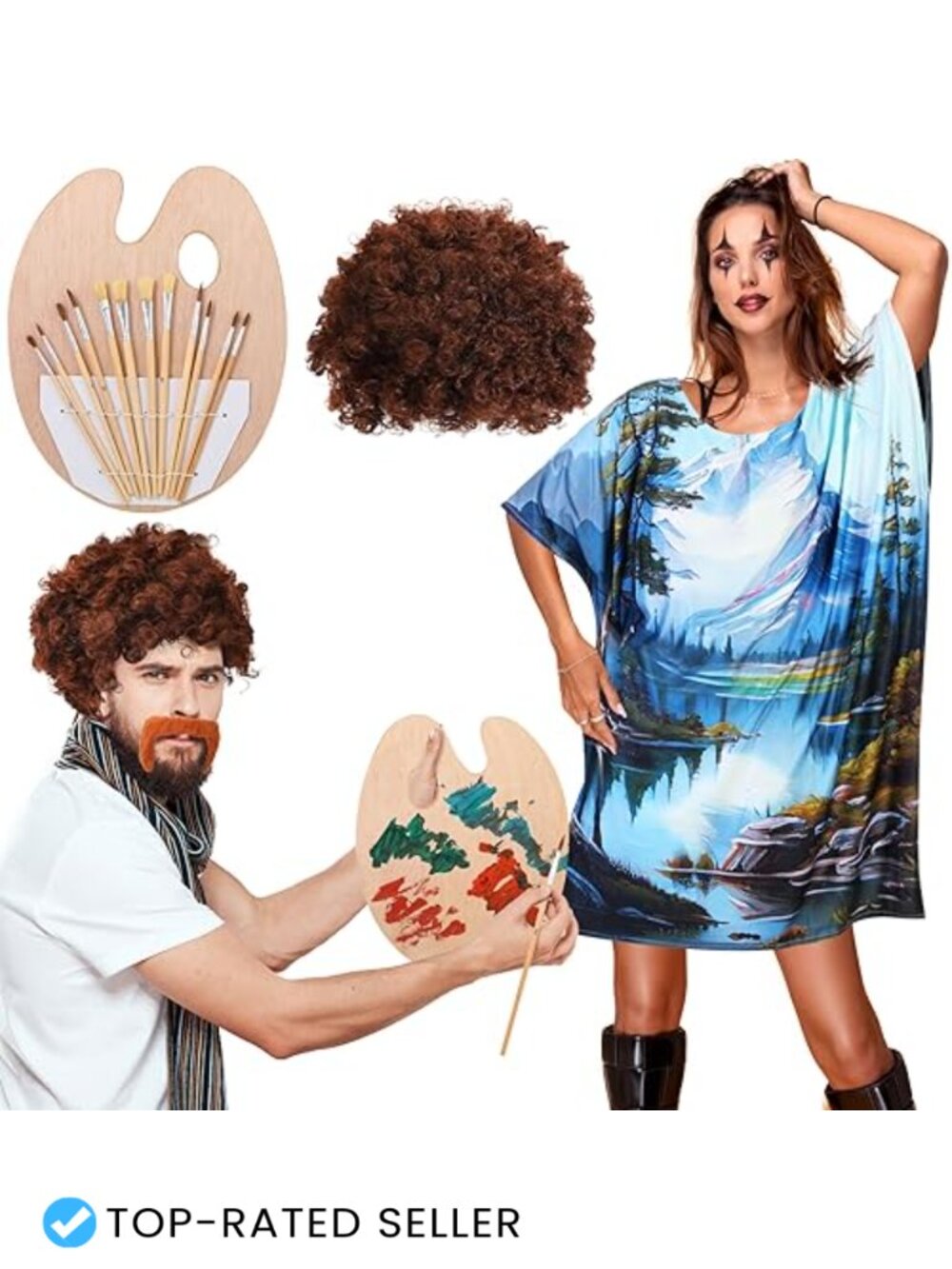 80s Painter Costume Set Couples Halloween Artist Dress Wig Beard Brushes Palette